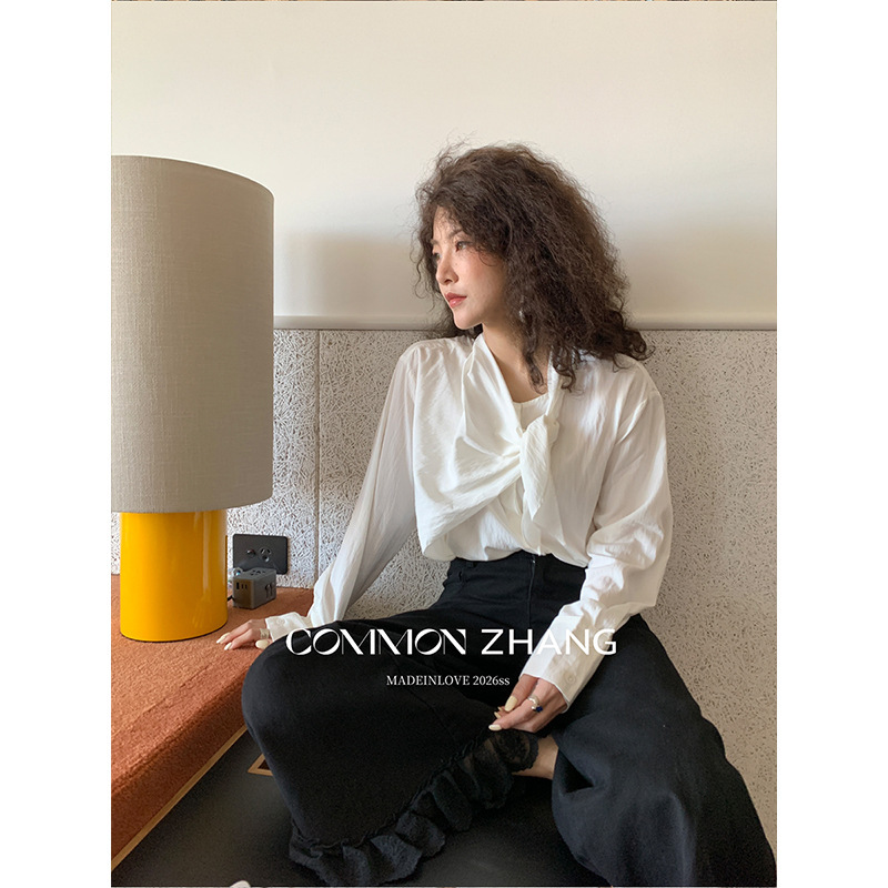 Youji Cz Zhang Spring Design Stylish Tie-Neck Blouse for Women, Mid-Length, Short in the Front and Long in the Back, Loose Fit Top C13810