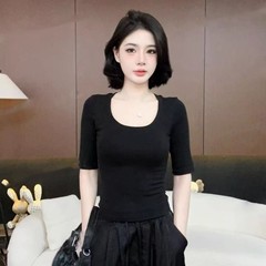 2025秋季新款纯欲U领正肩五分袖t恤女纯色简约修身显瘦半袖上衣服