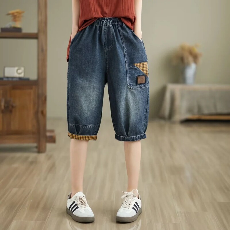 Vintage Harem Pants 2025 Summer Age-Reducing Embroidered Slimming Loose Jeans Women's Mid-Length Elastic Waist Shorts