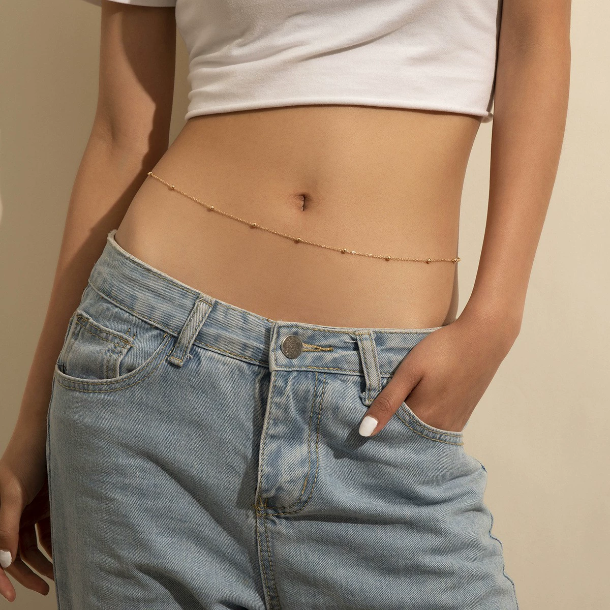 Модная тонкая металлическая цепочка на талию для женщин, в европейском и американском стиле, летняя пляжная сексуальная геометрическая однослойная цепочка на тело с бусинами, сияющая.