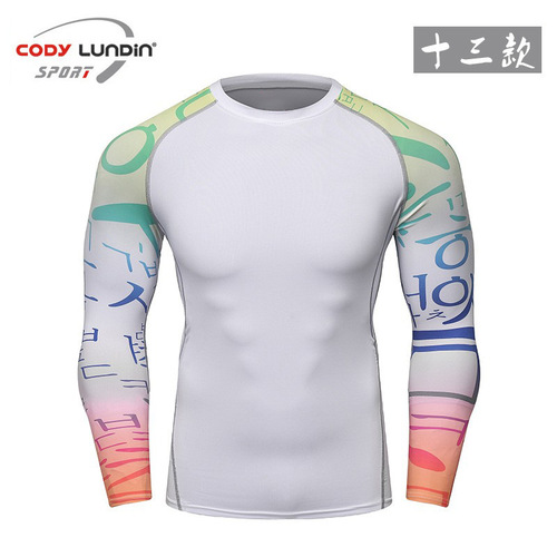 New moisture-absorbent and breathable printed tights long-sleeved compression running T-shirt men's fitness wear A038