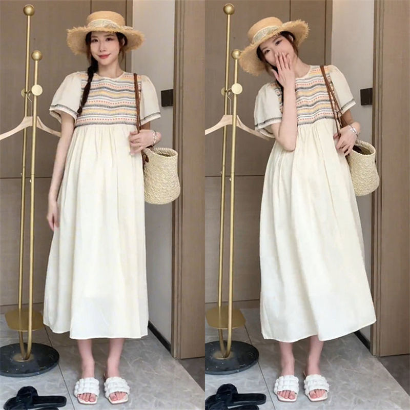 Pregnant women summer new fashion thin short sleeve stitching stripe design long loose slim pregnant women dress