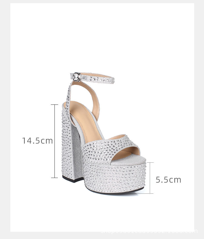 Sandal nữ siêu cao gót da thật đế dày chống trượt đính đá rhinestone gót 15 cm — Rượu sâm banh chi tiết 2