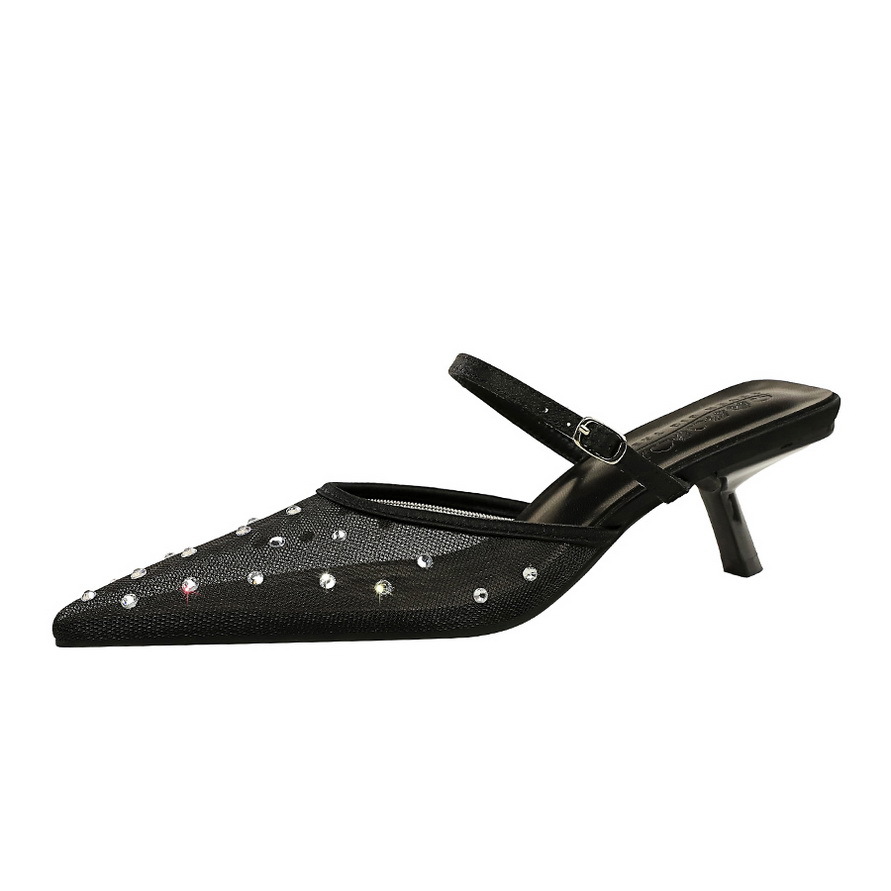Mules a tacco a spillo a punta con strass e pizzo alla francese_voghion.com