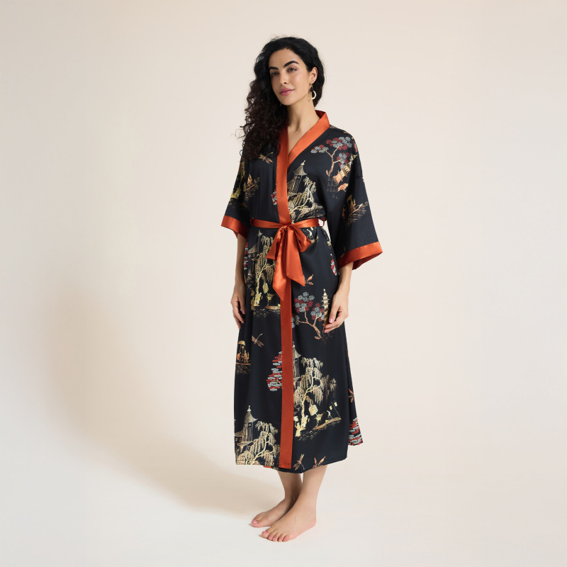 Morning Robe for Women, Yao Ting Satin Printed Cross-Border Pajamas, Women's Summer Plus Size Light Luxury Cool Long Nightgown, Women's Loungewear Morning Robe for Women, Yao Ting Satin Printed Cross-Border Pajamas, Women's Summer Plus Size Light Luxury Cool Long Nightgown, Women's Loungewear