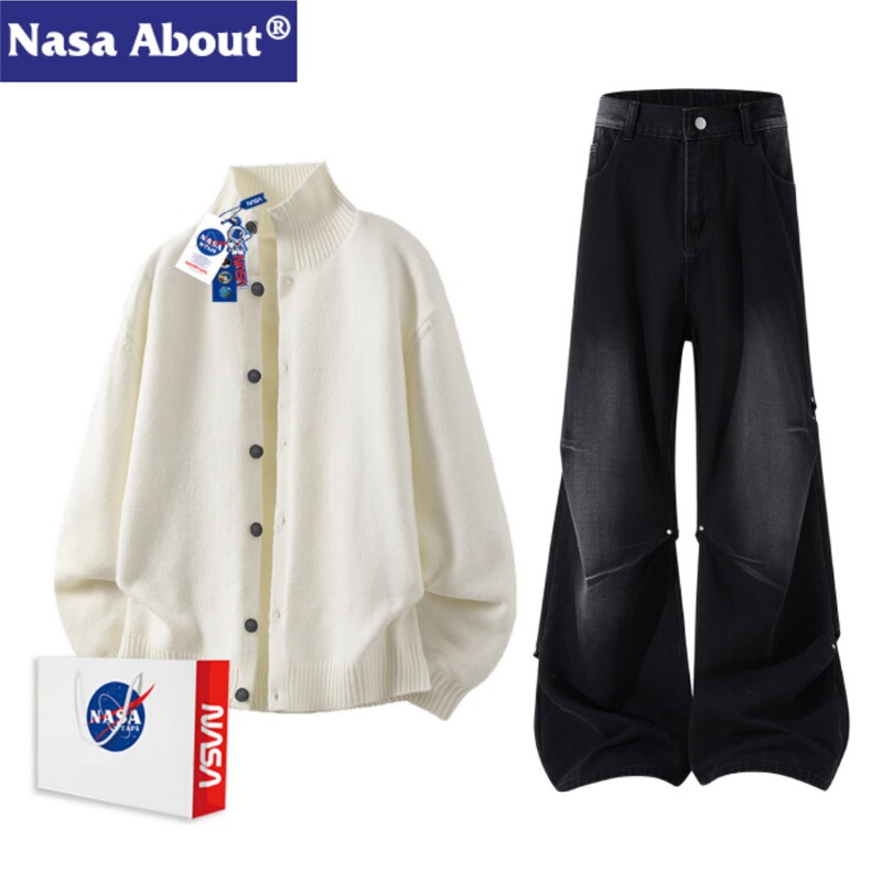 NASA ABOUT new autumn half-high collar cardigan knitwear set for men, relaxed casual sweater and jeans NASA ABOUT new autumn half-high collar cardigan knitwear set for men, relaxed casual sweater and jeans