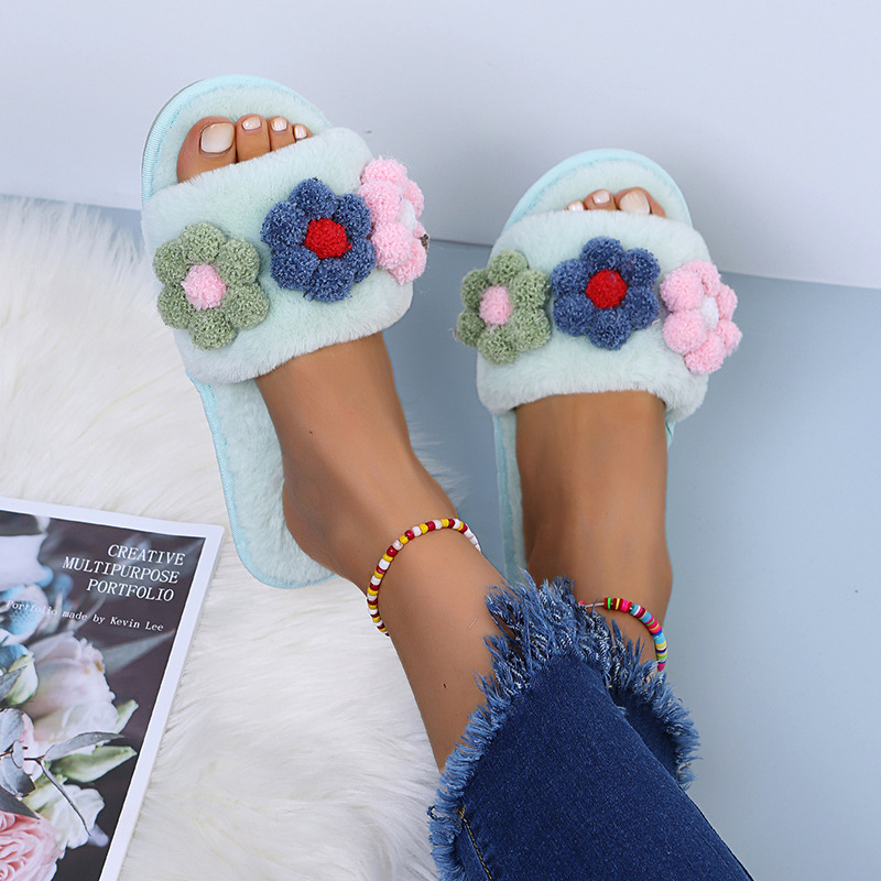 Flat-Bottomed Colorful Flowers Furry Slippers NSKJX104840