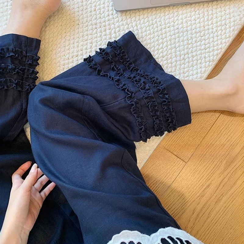 藏青色木耳边拼接棉麻阔腿裤女2025夏季新款复古休闲显瘦直筒裤子|undefined