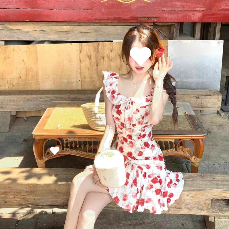 フレンチレトロ花柄ドレス女性のための 2025 夏の新しいスタイル小柄な気質ウエスト小さなフライングスリーブショートスカート|undefined