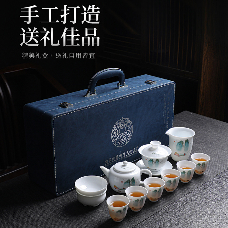 手繪羊脂玉瓷功夫茶具套裝家用茶壺蓋碗整套個性陶瓷茶具禮品贈送