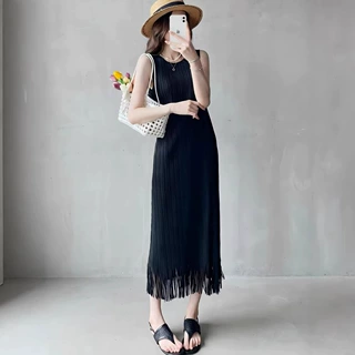 褶皱无袖背心连衣裙流苏长裙+空调开衫外套夏 海边度假裙