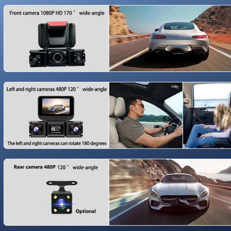 New 360-degree panoramic four-way dashcam with WiFi connectivity, enhanced night vision, parking monitoring, and reverse camera