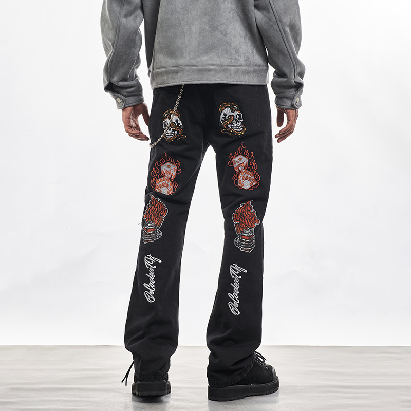 American Style High Street Hip Hop Flame Skull Embroidered Jeans Men's and Women's National Fashion Loose Straight Slim Look Micro Horn Pants