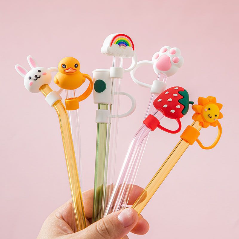 Straw dust-proof cap food grade silicone straw cap high color value glass straw cute girl style variety of optional