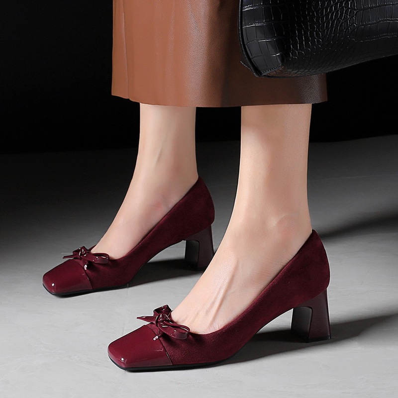 2977-H81 Tweed Style Square Toe Mid-Heeled Shoes for Women, Brown Elegant, Shallow Mouth, Color Matching, Versatile Thick Heel Shoes for Work Clothing