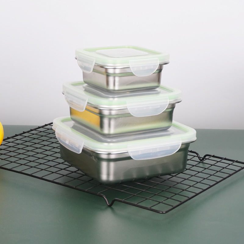 304 de acero inoxidable cuadrado crisper hogar cocina caja de almacenamiento sellada con tapa refrigerador caja de almacenamiento de alimentos refrigerados