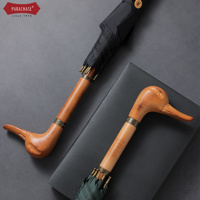 PARACHASE Solid Wood Duck Head Manual Long Handle Umbrella 280T Strong Wind-Resistant Straight Umbrella Business Gift Umbrella