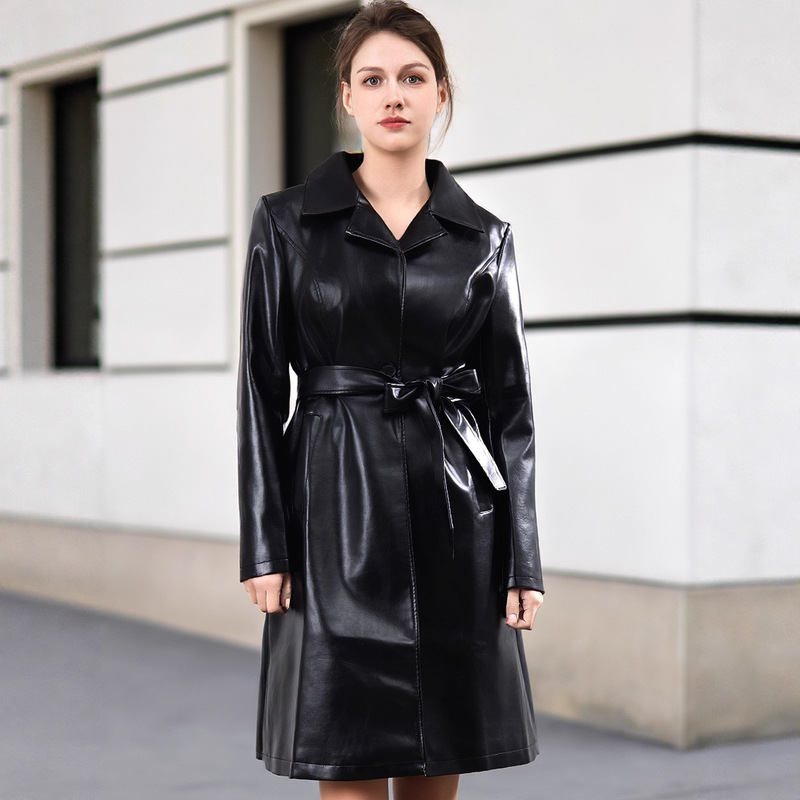 Spring and Autumn Fashion Pu Leather Women's Trench Coat with Long Sleeves, Single-Breasted Lapel, and Belt, Faux Leather Women's Coat Trench Coat Spring and Autumn Fashion Pu Leather Women's Trench Coat with Long Sleeves, Single-Breasted Lapel, and Belt, Faux Leather Women's Coat Trench Coat