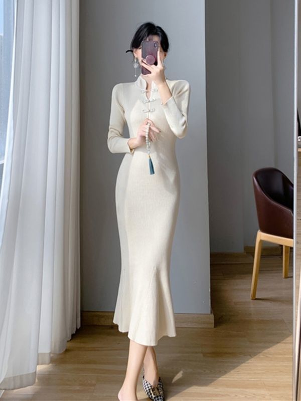 New Chinese Style Cheongsam Knitted Dress for Women in Autumn and Winter with Coat and Fishtail Hip-Hugging Sweater Wholesale