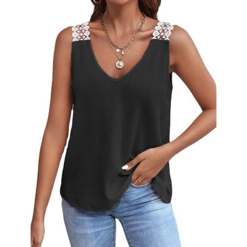 European and American Summer TEMU Women's Solid Color Lace Waffle Stitching Vest Short T-shirt for Women