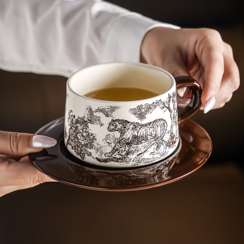 中古风丛林印花咖啡杯ins复古家用陶瓷创意高颜值高级感陶瓷杯碟|undefined