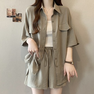 Plus Size Slimming Casual Suit for Women, Summer Fashion High-End Hong Kong Style Short-Sleeve Shirt and Wide-Leg Pants Two-Piece Set