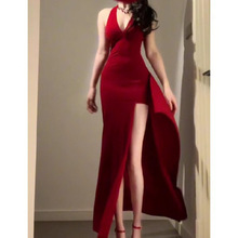 夏季新款纯欲风辣妹气质吊带胸垫酒红侧开叉礼服显腿长包臀长裙子