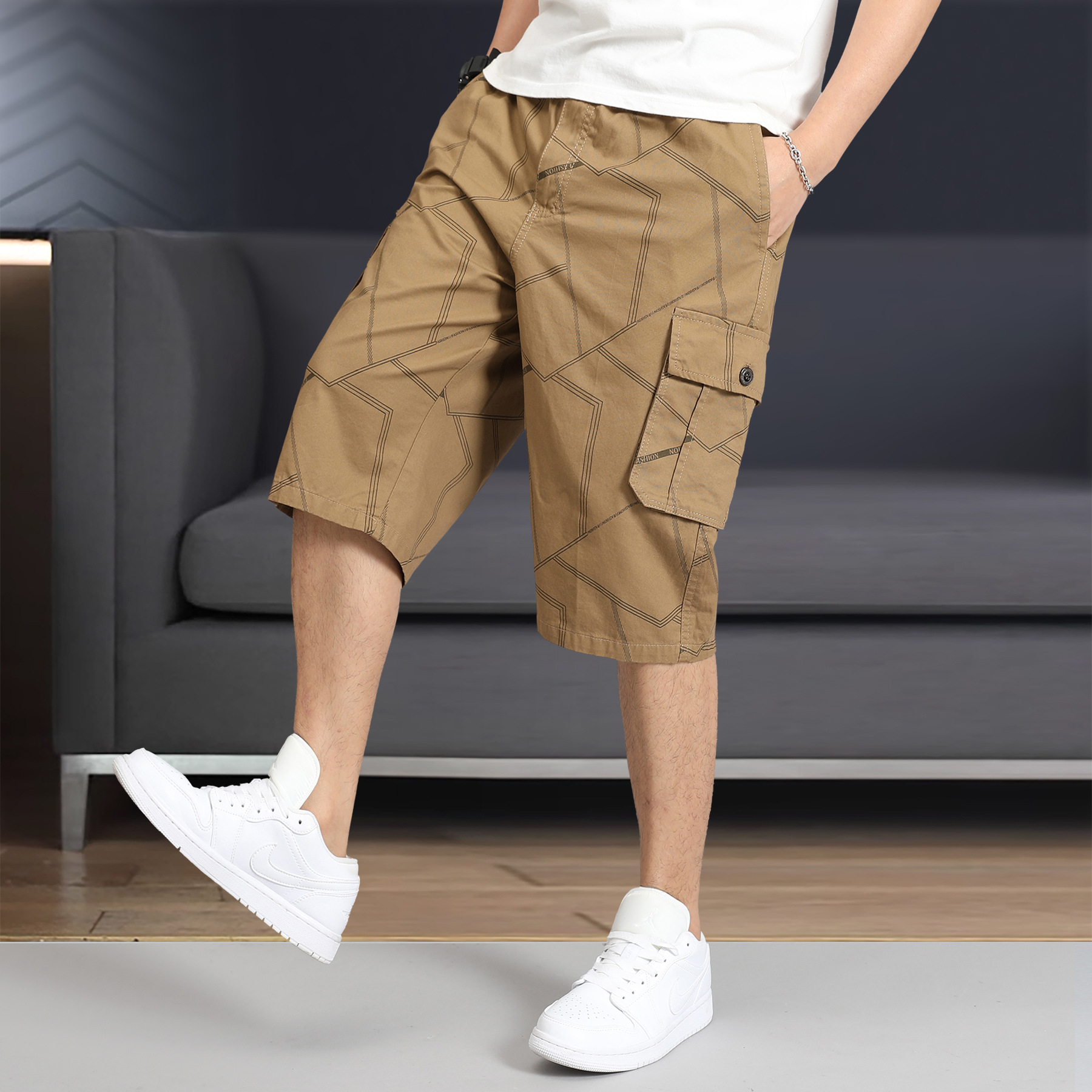 Men's Casual Shorts 100% Cotton Breathable Multi-Pocket Striped Capri Pants Summer Cotton Sweat-Absorbing Crane Pants Thin