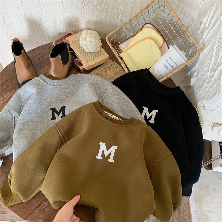 Korean-style letter embroidery olive green thick hooded sweatshirt trendy kids lined base top 0031A036