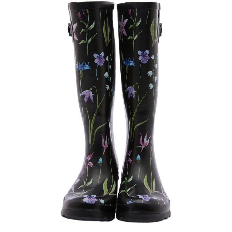 Botas de lluvia de caña alta para mujer, a la moda, zapatos de agua negros con diseño de narciso, botas de lluvia largas con funda de goma, venta al por mayor transfronteriza image 1