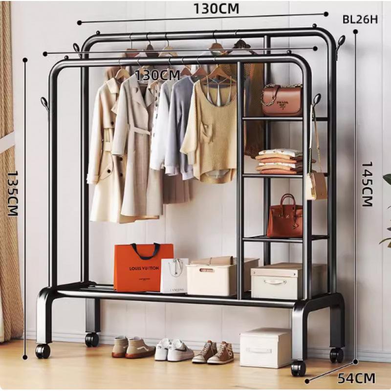 바퀴 달린 130cm 검정색 [이중 극* 측면 수납망 + 단층 선반] 옷걸이 4개