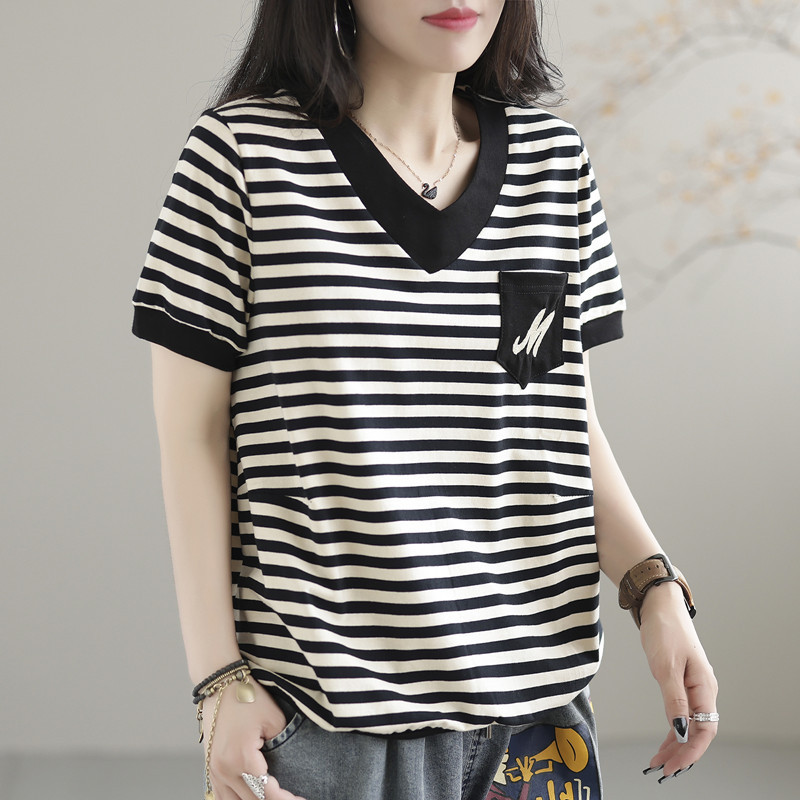 Women's Plus Size Striped Short-sleeved T-shirt Women's Cotton 2024 Summer New V-neck Embroidered Artistic Loose All-match Top