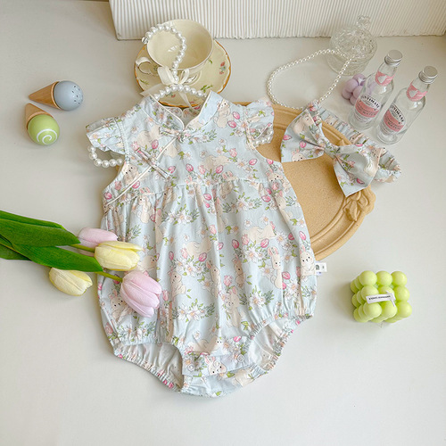 Baby clothes, summer clothes, thin newborn baby clothes, baby girl jumpsuit, princess full moon 100-day cheongsam and harem suit