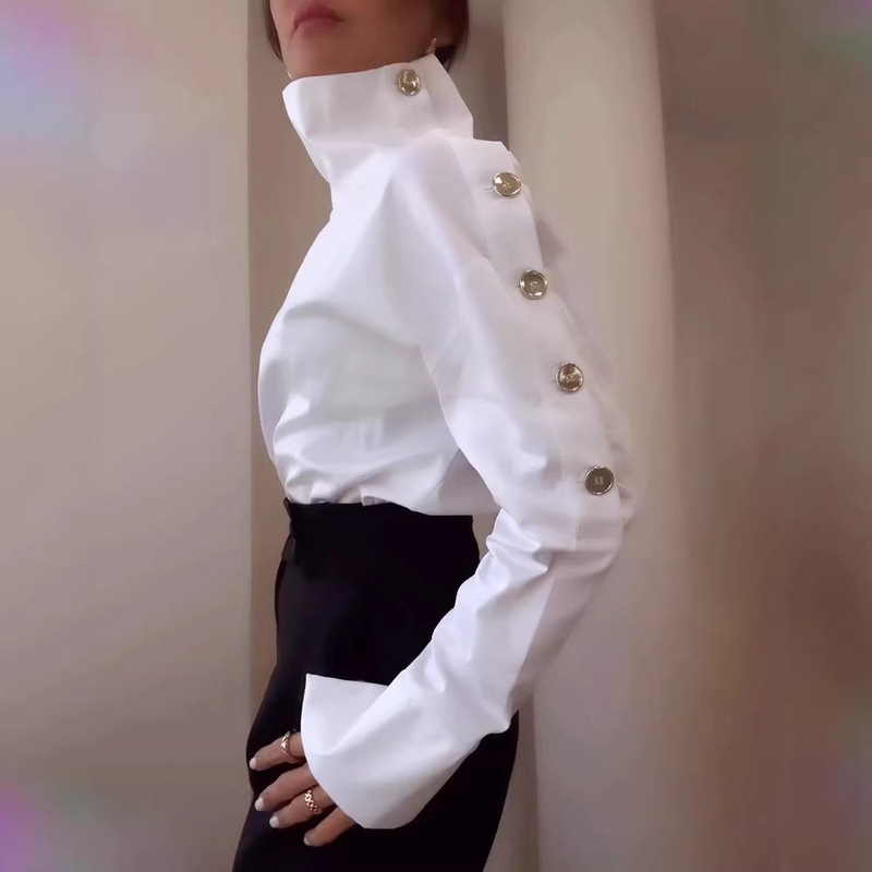 Amazon European and American Cross-Border 2026 New Style Elegant High-Neck Metal Buckle Off-Shoulder Solid Color Shirt Top for Women