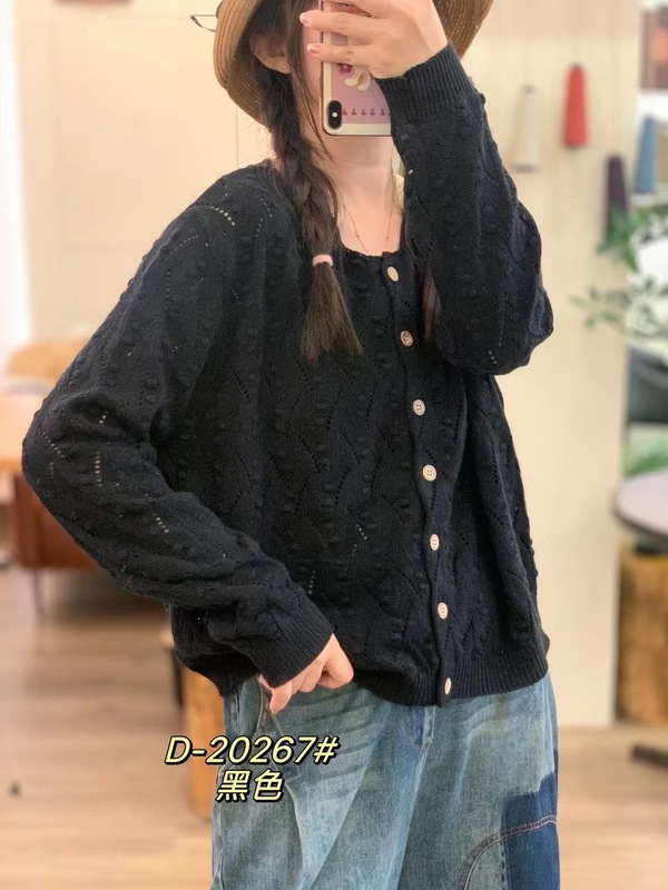 针织开衫女 2025秋新款复古文艺宽松圆领慵懒风镂空毛衣外套20267|undefined