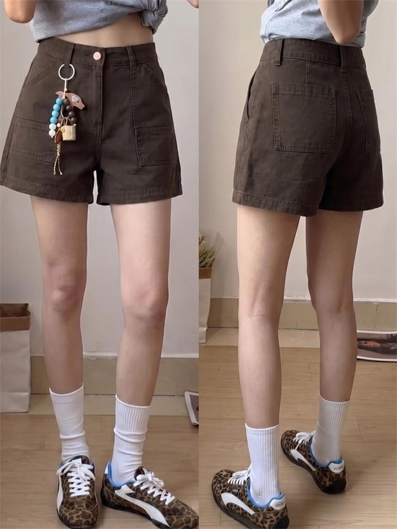 Qadın üçün qəhvəyi denim şort, yüksək bel, geniş ayaq