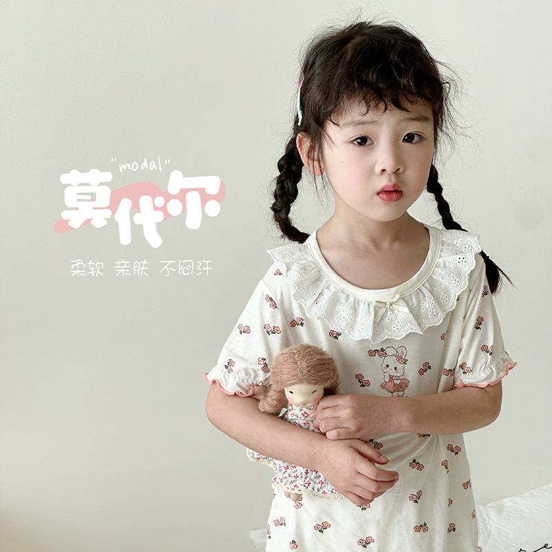 Girls' home clothes 2024 summer new Korean style cartoon lace girl thin short-sleeved pajamas air conditioning suit
