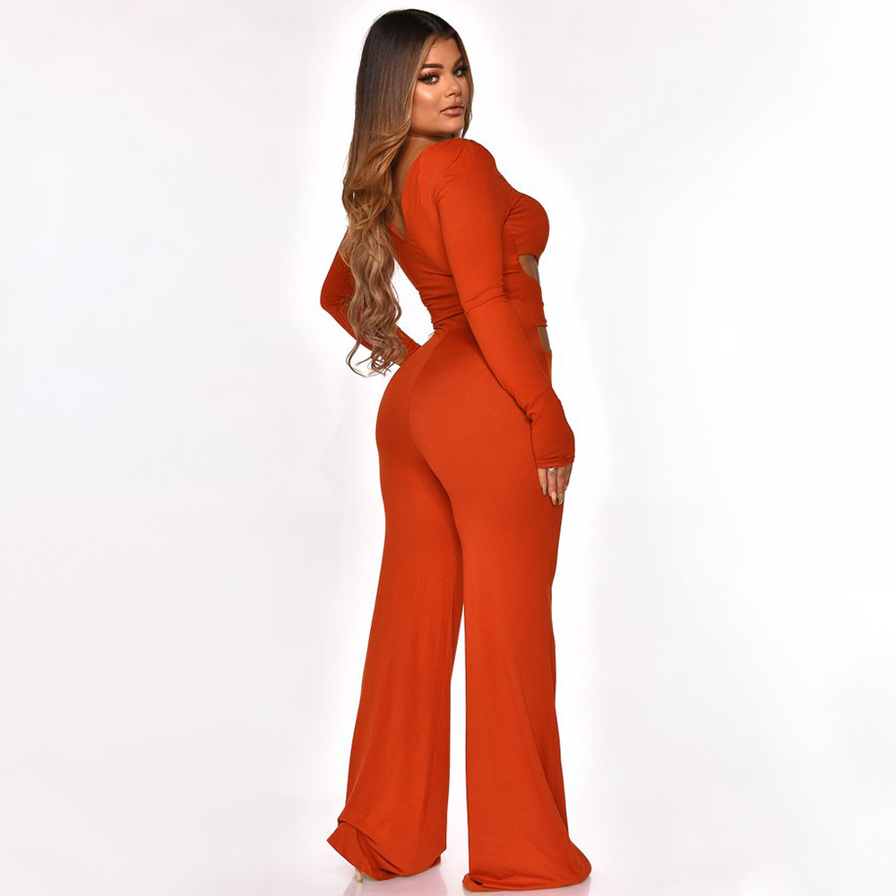 solid color square neck exposed waist hollow jumpsuit NSMYF84713