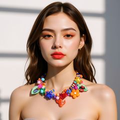 ZA清新度假风串珠彩色花朵仙人掌昆虫吊坠项链欧美手工编织锁骨链