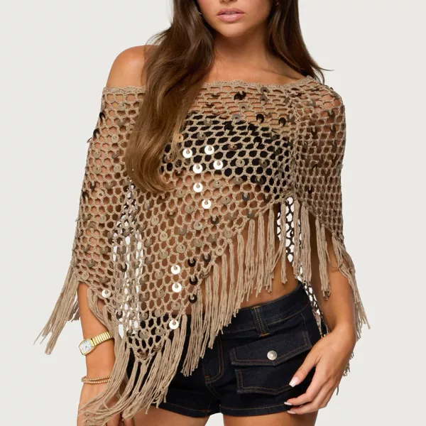 2025 European and American Pure Handmade Sequin Woven Triangle Scarf Cross-Border Fashion Vacation Tassel Oblique Shoulder Shawl Cloak
