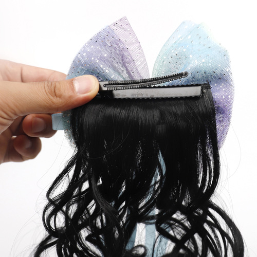 Children's hair accessories bow wig curly ponytail cross-border ribbon chemical fiber wig clip style curly high ponytail