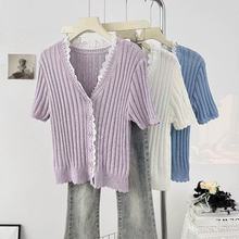 夏季新款短袖针织开衫女 蕾丝拼接甜美显瘦 百搭薄款外搭上衣