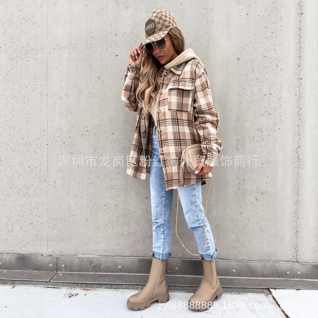 European and American Hot Style 2023 Ebay Winter Women's Outwear Fashionable Hooded (Removable) Woolen Plaid Outwear