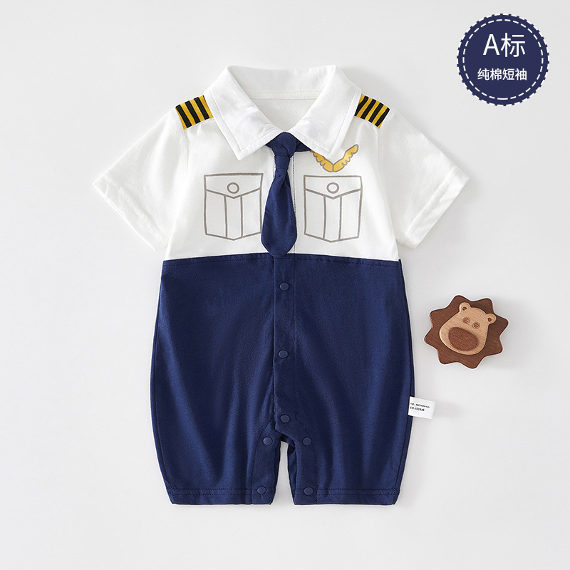 Baby's Sleepsuit Summer Thin Pure Cotton Baby's Short-sleeved Gentleman's Hatshirt Climbing Wear Super Cute Boys' Outfit