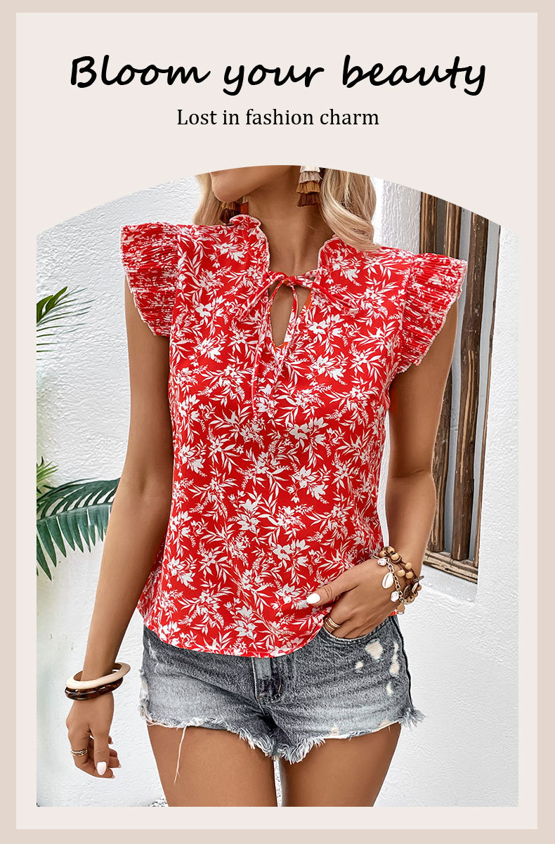 Red Printed Ruffled short-sleeved Lace-up Shirt_voghion.com