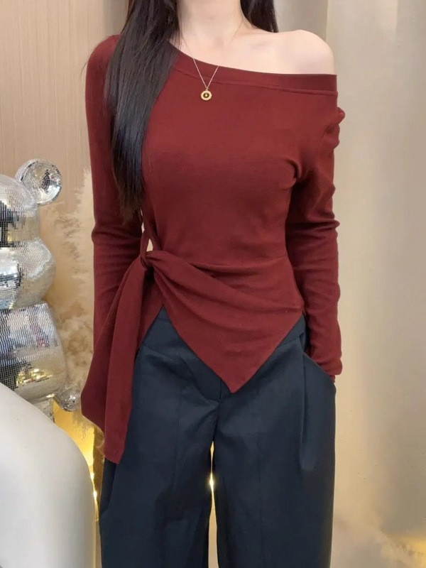 大码胖mm韩系条纹不规则开叉斜肩长袖T恤女装早秋收腰设计感上衣|undefined