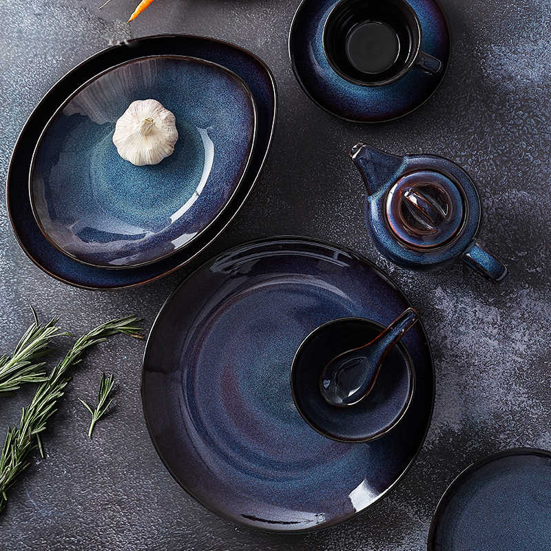Hotel transfronterizo LZ LCCang Xinjiang hueso de platos azules coloridos lujosos platos de arroz de estilo americano tetera casera tazas de té