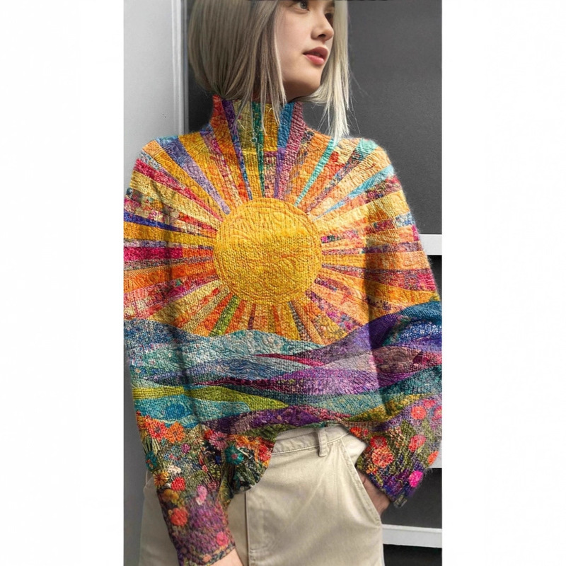 Foreign Trade Cross-Border 2025 Amazon New Christmas Abstract Print Casual Cape Jacket Turtleneck Sweater