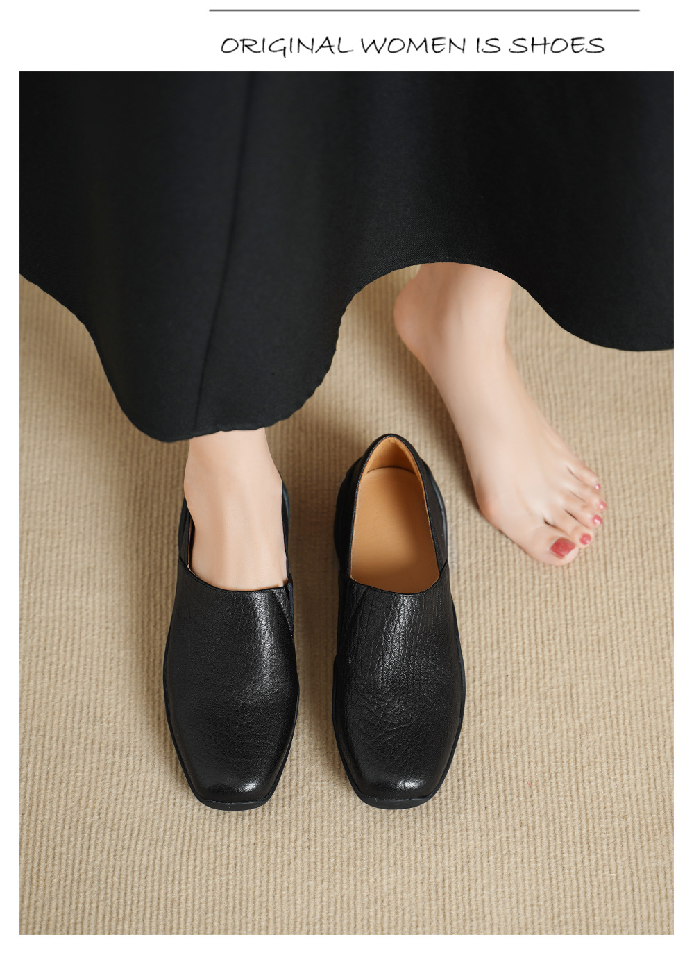 Giày loafer nữ da dê mũi tròn, gót trung 3 cm, hoa nổi, phong cách cổ điển — đen chi tiết 2