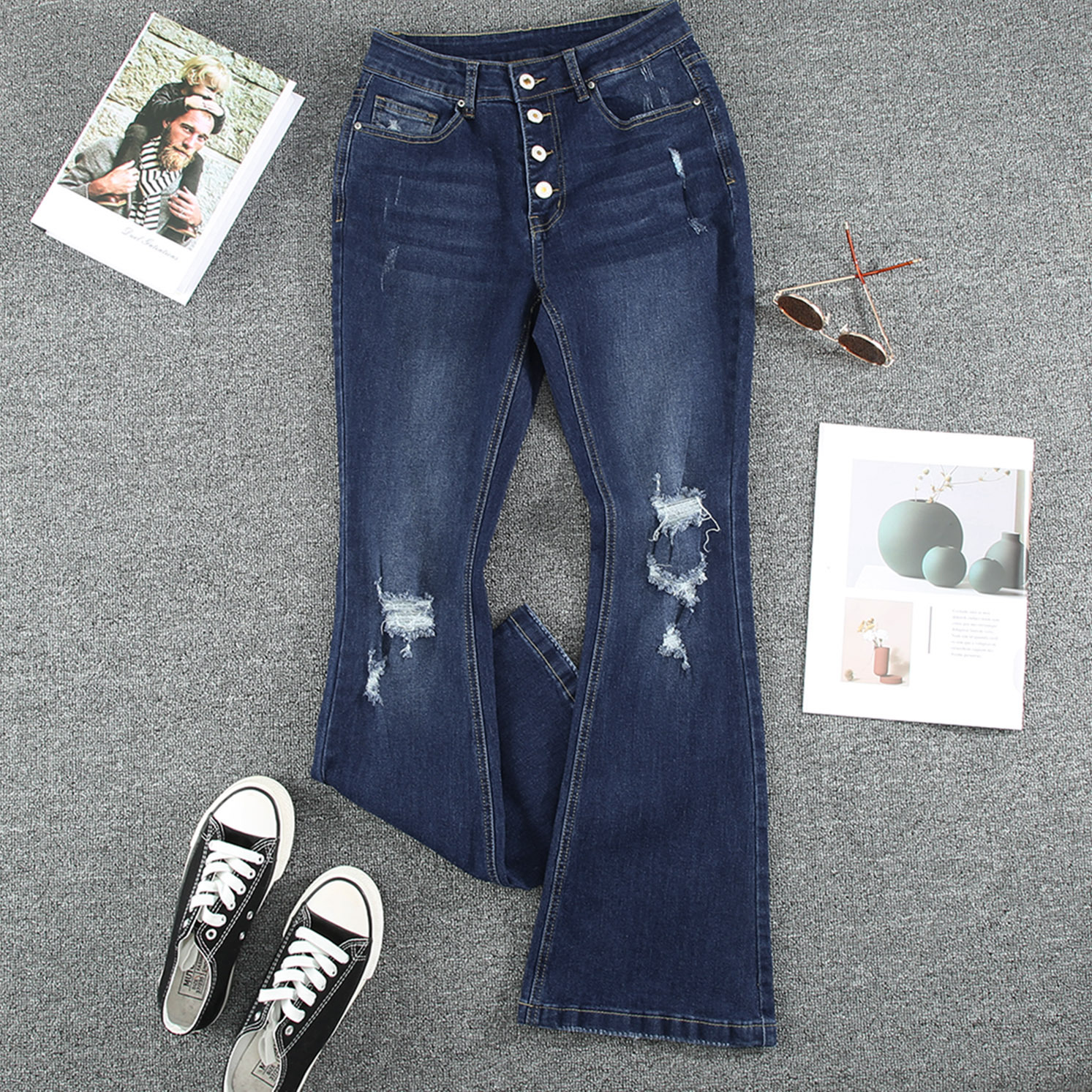 时颖跨境欧美牛仔裤女冬季新款破洞女士长裤休闲显瘦高腰牛仔裤女